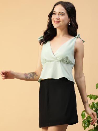 Image of oxolloxo Women Solid V-Neck Tie-Up Detail Shoulder Strap Slub Fabric Peplum Top