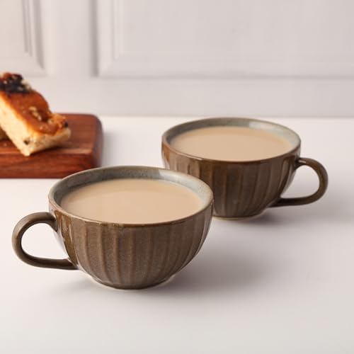 Image of Premium Grey Brown Ceramic Tea Cup Set of 6 | Handmade Stoneware Coffee & Tea Mugs | 220 ml Each | Microwave, Dishwasher Safe | Textured Design | Chai Cups for Home, Office & Gifting