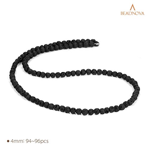 Image of BEADNOVA 4mm Natural Black Lava Rock Stone Gemstone Round Loose Volcanic Beads with Free Crystal Stretch Cord for Jewelry Making (90-92pcs)