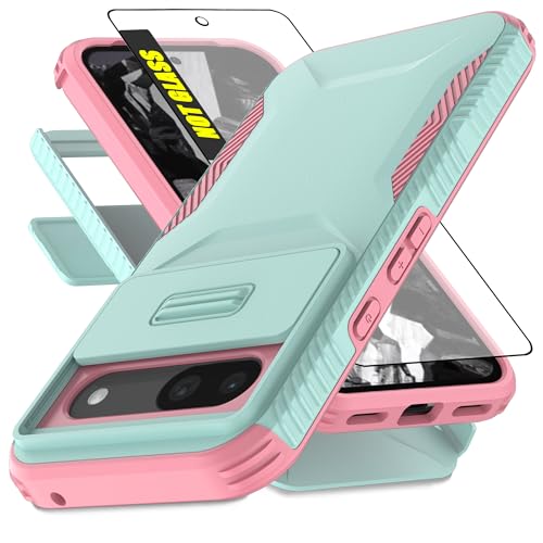 AWZHYDT for Google Pixel 8A 5G Case with Built-in Slide Camera Cover & Screen Protector [2 in 1] Heavy Duty Rugged Shockproof Protective Cover for Google Pixel 8A 5G(Cyan/Pink)