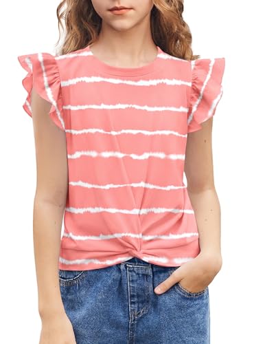 Image of Arshiner Girls Shirt - Short-Sleeve Twist Front T-Shirt for Girls with Cute Flying Sleeves - Summer Blouse Tunic Tee Tops