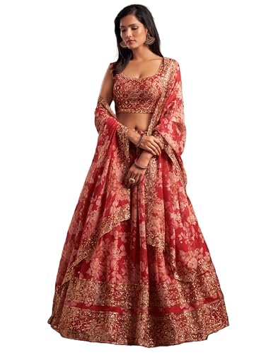 Delisa Indian Ready To Wear Lehenga Choli For Women With Duppatt and Stitched Blouse, Bridesmaid, Party, Festival Wear-7202 (Red, 36)
