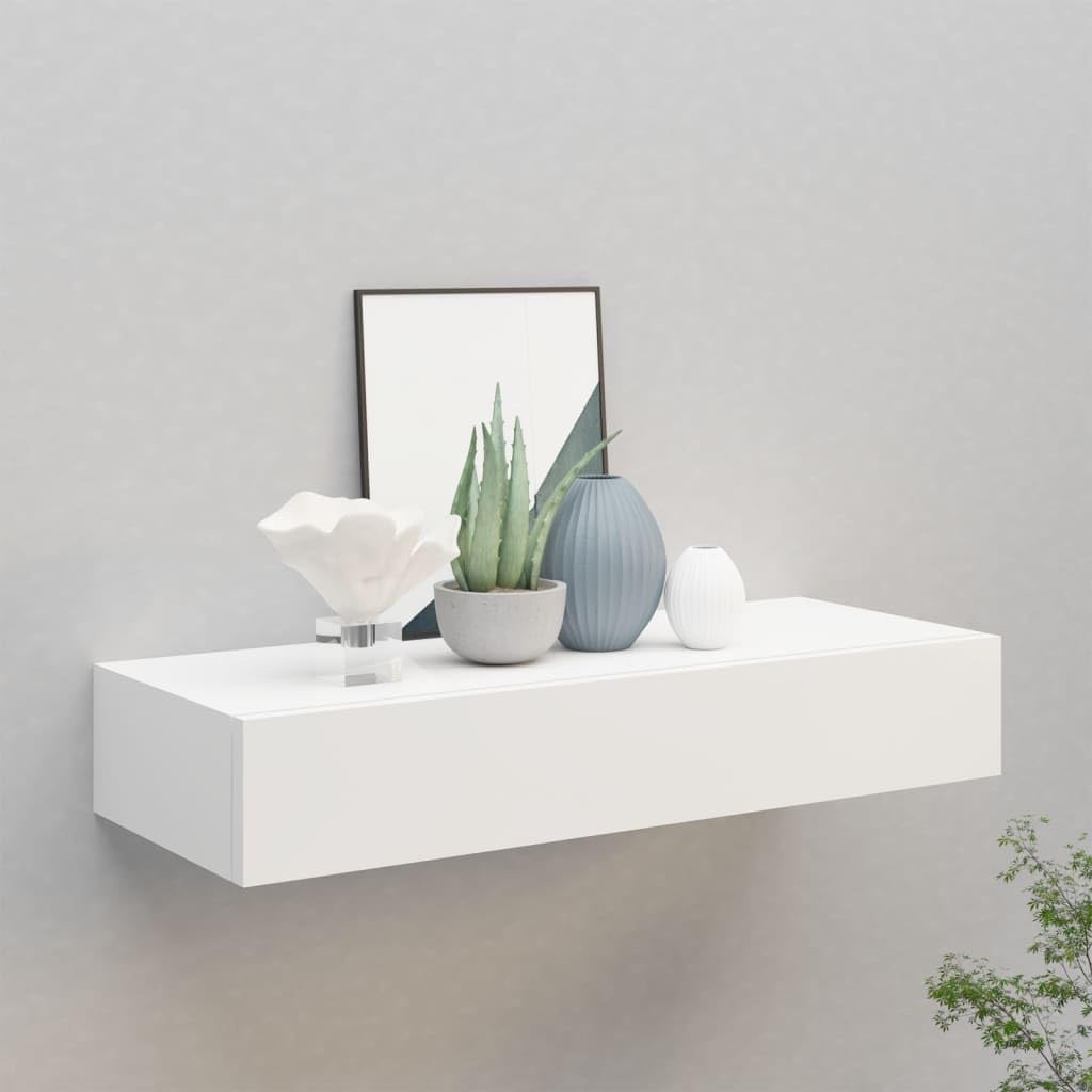 Étagère murale suspendue avec tiroir - 60 x 23,5 x 10 cm - Blanc
