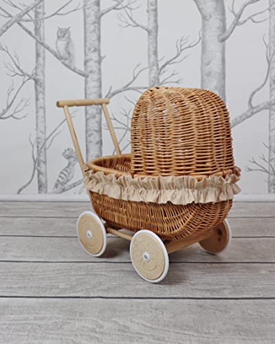 Cackoo Handmade Wicker Pram For Dolls With Cotton Bedding Sheets And Handmade Pom-Poms Ideal As Birthday Gift Natural Wicker #TOP4