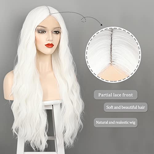 Wecan Long White Wigs For Women, 28 Inches Wavy Lace Heat Synthetic Middle Part Natural Looking Silky Wig For Daily Use, Halloween & Cosplay thumb #2