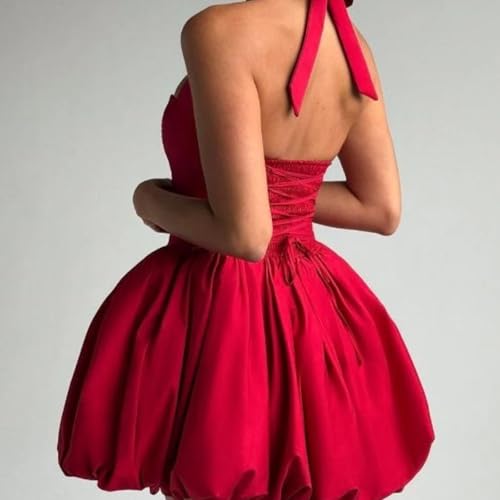 Image of Women's Y2K Sexy Halter Corset Mini Dress Backless Corset Bubble Ruched Waist Club Party Dresses