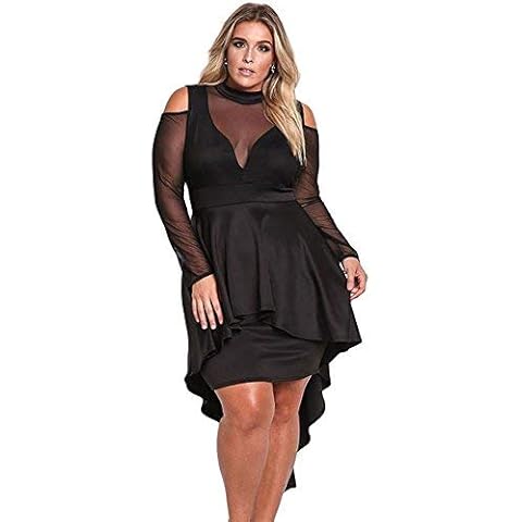 shelovesclothing Women's Plus Size Mesh Hi Low Cut Out Peplum Sheer Sleeves Bodycon Dress (XXX-Large 22-24 UK, Black) Cover