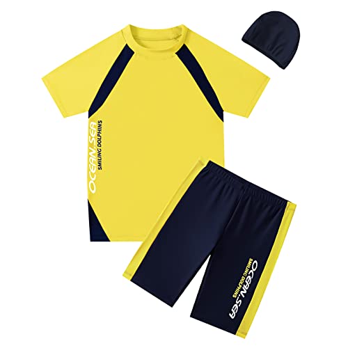 Image of Boys Swimsuits UPF50+UV Swimwear Set Two Piece Rash Guard with Hat for Kids 4-14 Years