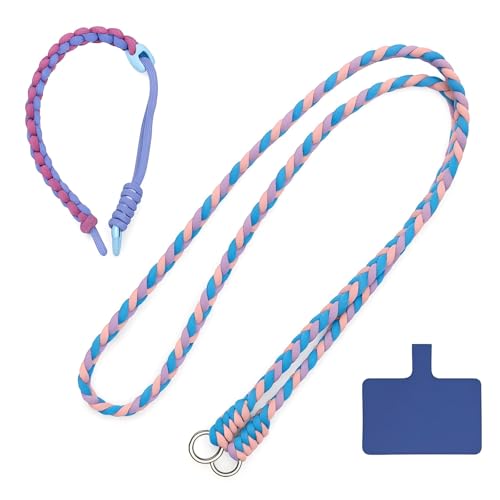 Miunpri Catena telefonica portatile con cordino da collo + cinturino per telefono, 2 cavi per telefono intrecciati, cordino colorato con patch di fissaggio portatile a tracolla in nylon, gioielli per