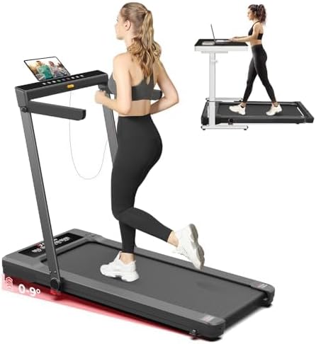 Subsun Walking Pad in use, showing a person walking on it and another using it with a standing desk