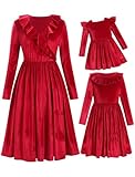 Mommy and Me Christmas Dresses V Neck Solid Color Green Red Dark Blue Velvet Ruffle Dress Long Sleeve Fall Winter Xmas Holiday Party Burgundy Mom Daughter Matching Outfits Red 9-12 Months