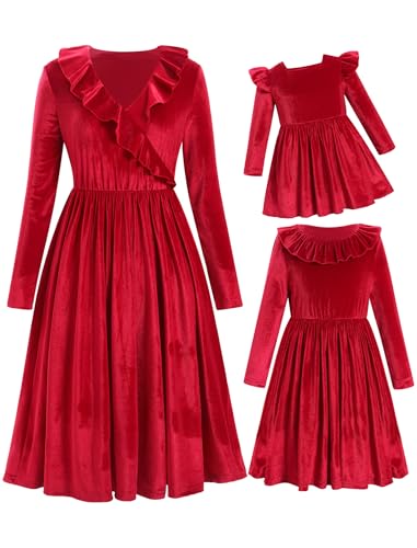 AWIBMK Mommy and Me Dresses V Neck Solid Color Velvet Ruffle Christmas Dress Long Sleeve Xmas Party Family Matching Outfits