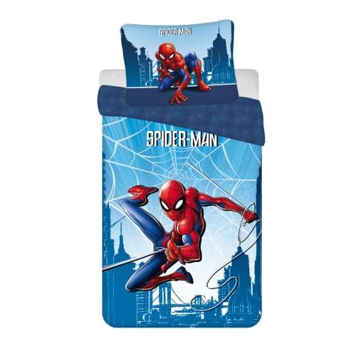 Jerry Fabrics Juego de ropa de cama infantil reversible con diseño de Spider-Man City, color azul, funda nórdica de 140 x 200 cm, funda de almohada de 70 x 90 cm, 100% algodón, 23BS233