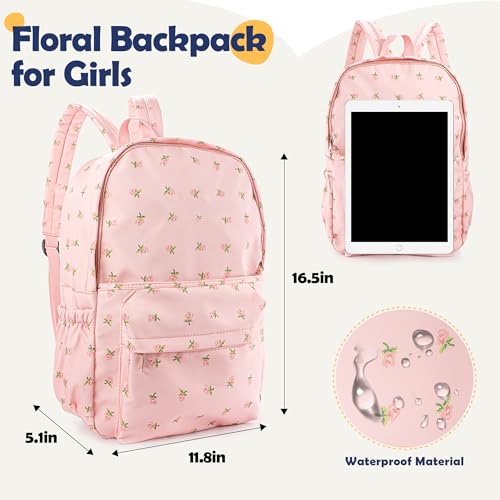 MT WORLD Floral Backpack Personalized Daycare Backpack with Name 16inch Flower Daypack with 2 Side Pockets & Spacious Interior Custom Daycare Bag for Overnight Daily Activities Birthday Gifts (Pink)4