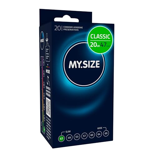 MY.SIZE Classic Condones talla 1 | Ancho 47 mm | Paquete de 20 unidades | Preservativos premium extra delgados | Ultra sensibles y delicados | Grosor 0,07 mm | Veganos