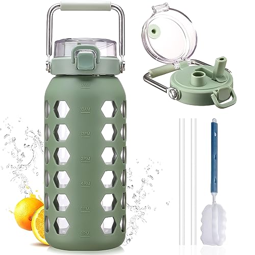 MUKOKO 64oz Glass Water Bottles with Straw and Lid,Half Gallon Water Bottle with Time Marker,Large Glass Water Jug with Silicone Sleeve and Stainless Steel Handle-Olive