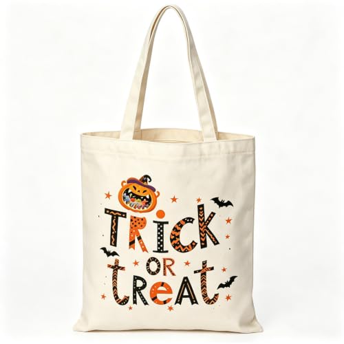 Trick or Treat Bags for Kids, Halloween Canvas Tote Bag with Zipper 1-Pack