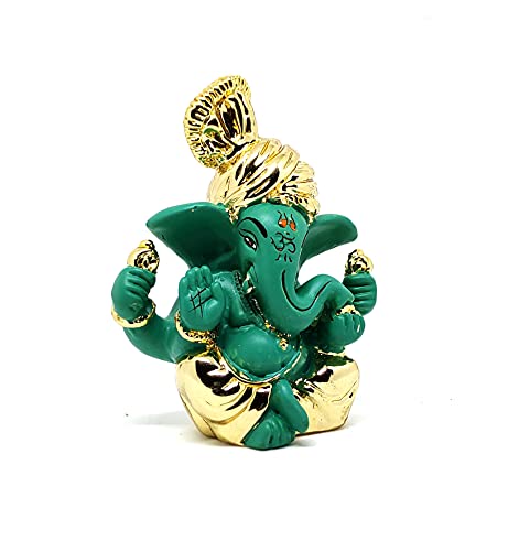 Sawcart Pagdi Ganesh / Ganpati / Ganesha Gold Plated Terracotta Puja Idol Figurine Sculpture Hindu God Of Success, Prosperity, Good Luck For Car Dashboard, Temple & Home Décor (Green) #TOP2