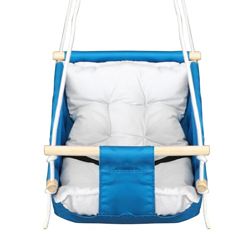 Image of Baby Swing for Infants and Toddler, Newborn Baby Sleeping Chair Hammock Indoor and Outdoor, Wooden Hanging Seat Chair for Baby up to 2 Years (Blue)