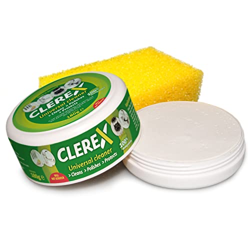 CLEREX® Limpiador de acero que limpia y pule todos los metales. Descalcificador con efecto perlado. Lata de 180 g con esponja