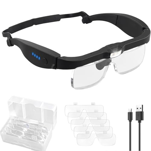 eSynic Gafas Lupa con 3 Luz LED Lupa de Gran Aumento 0.75X-4X USB Recargable con 5 Lentes Desmontables Lupa Manos Libre para Lectura, Pasatiempos, Manualidades, Trabajo Cercano, etc.