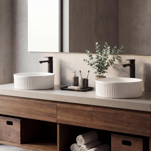 JONATHAN Y Element 14.75 in. W x 14.75 in. D Round Ceramic Vessel Sink for Bathroom Vanity with Fluted Design, Modern Above Counter Basin, Glossy White SNK1006A by JONATHAN Y - Used condition - Image 8