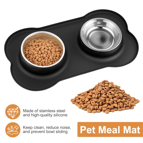 Futternapf Hunde Katzen, Fressnapf Hundenapf Kleine Hunde Napfset, Edelstahl Katzenapf Wassernapf Hund mit Nicht Kleckern, mit 1 Hundenapf Unterlage Rutschfest Silikon Tablett Matte( S 36 x 21 cm)