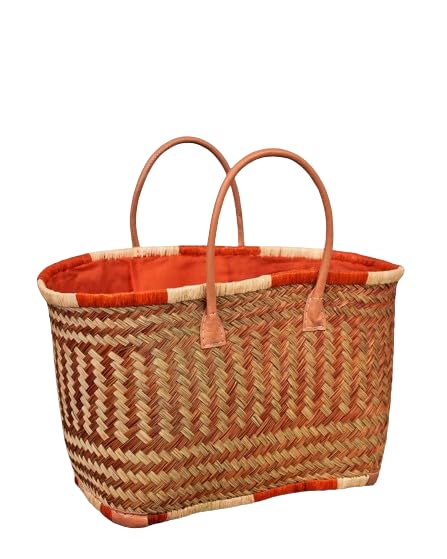 Cesteria Aparici- Bolso esparto fino con cierre tipo bombonera (Color Naranja) Cesto para llevar la compra, capazo para la playa. Medidas: 55 ​cm largo x 25cm ancho x 33cm alto.