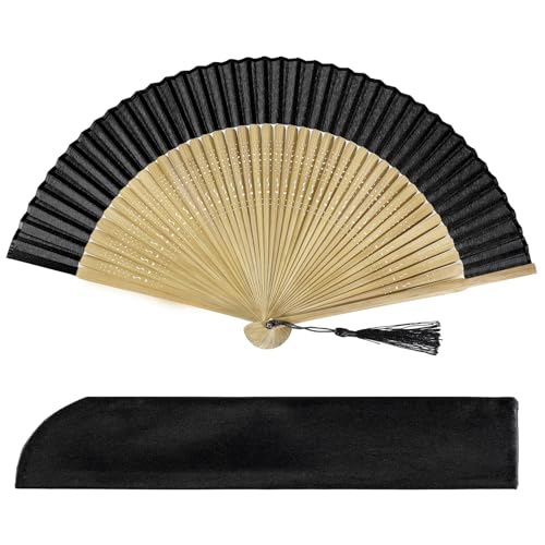 Abanico plegable de mano para mujer, estilo chino japonés, vintage, de seda de bambú, abanicos plegables de mano con bolsa de abanico para bailarina de flamenco, festival de música de los años 20