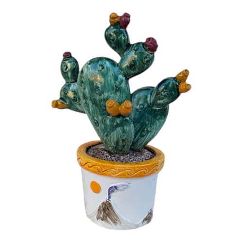Pianta Piantina Decorativa Fichi d'India Gialli e Rossi, Vaso Bianco e Giallo Con Il Vulcano Dell' Etna, in Ceramica, 13 x 8 cm, Per la Casa Soprammobile Vintage Tradizione Siciliana Sicilia