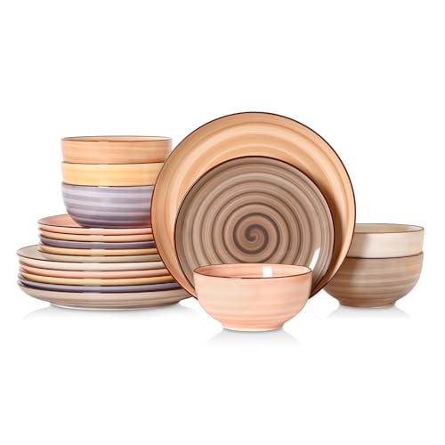 Image of Selamica Ceramic Plates and Bowls Sets,18 Pieces Dinnerware Sets for 6,Dishwasher & Microwave Safe dish set,Family & Holiday Dining, Maillard