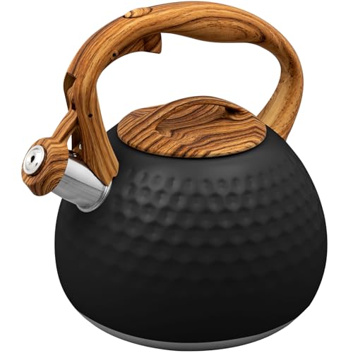 Tea Kettle, 2.7 Quart / 3 Liter Stainless Steel Whistling Tea Kettle for Stove Top, Food Grade Teapot with Wood Pattern Handle for Coffee, Tea, Milk etc, Gas Electric Applicable (Black)