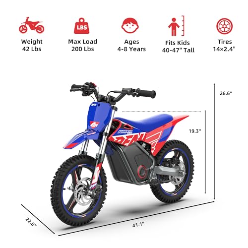 RFN E500 36V Kids Electric Dirt Bike, Electric Motorcycle with 700W Motor | 21.7 mph Max Speed, 15.5-Mile Range & 3 Speeds Off-Road Bike for Ages 4-8