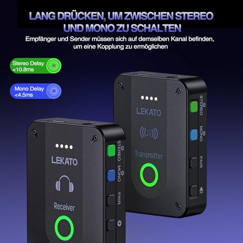 LEKATO MS-02 Drahtloses In-Ear Monitoring System, Professionelles kabelloses 2.4G IEM-System mit Sender & Empfänger im Mono- und Stereo-Mode, Eins zu Mehr- geeignet für Bandproben und Live-Auftritt