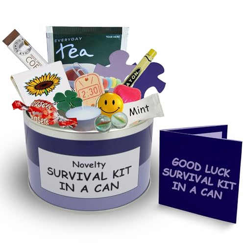 Kit de supervivencia de buena suerte de la marca Survival Kit In A Can Regalo divertido y tarjeta, todo en uno Nuevo trabajo, irse, emigrar, mudanzas, etc. Color personalizable, Purple/Lilac, Approx 10cm x 6cm