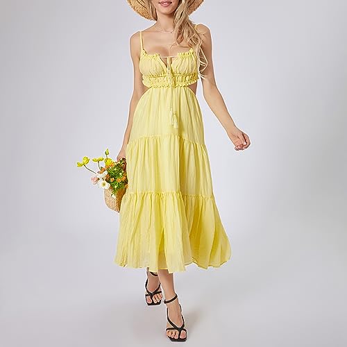 Image of Owl's-Yard Women Ruffle Spaghetti Strap Dress Sexy Backless Tiered Flowy Sundresses Boho Beach Long Dress Clubwear (D-02, L), Large