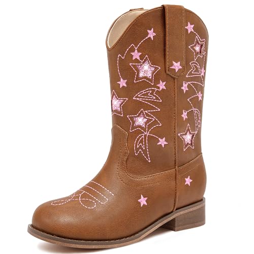 Toddler Cowgirl Boots Little Girls Cowboy Western Boot for Kids Sparkly Glitter Star Mid Calf Square Toe Horse Riding Shoes for Birthday Party