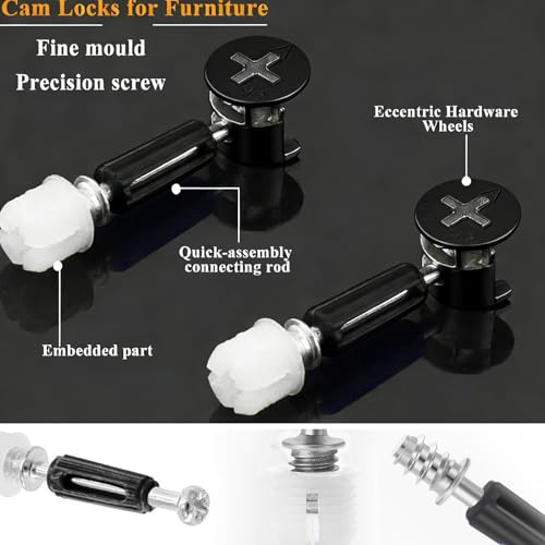 Image of 120PCS Cam Locks for Furniture3-in-1 Eccentric Hardware Wheels,Furniture Fasteners&Connectors with Multi-Size Nuts,Bolts and Wood Dowel Pins,Kit for Furniture Assembly /Repair(Black)