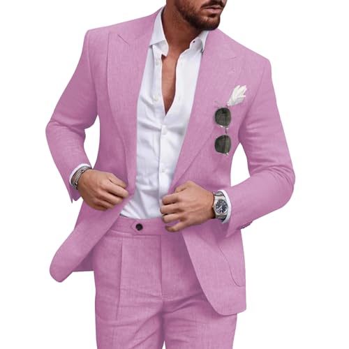 UNINUKOO Linen Suit for Men Summer Wedding 2 Piece Suit