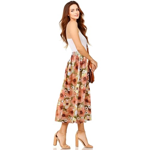 Image of Women's Floral A-Line Midi Skirt Pull-On Style with Elasticated Waist (L-XL Orange)
