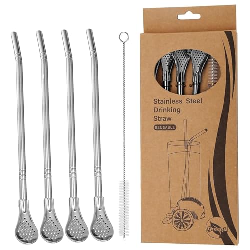 YiYFiT 4 Straw Spoons+1 Cleaning Brush+1 Gift Pack Stainless Steel Straw Spoons Drinking Set, Eco-Friendly Metel Drinking Straws with Removable Filter Spoon for Cocktail, Coffee, Cold or Hot Drinks