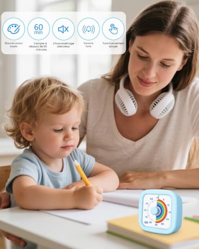 Cexovo Minuteur Visuel Timer 60 Minutes Outil de Gestion du Temps Compte à Rebours Silencieux, Motif Arc-en-Ciel, pour Enfants et Adultes,Salle de Classe, Devoirs, Cuisine, Bureau, Réunions (Bleu) – vue 7