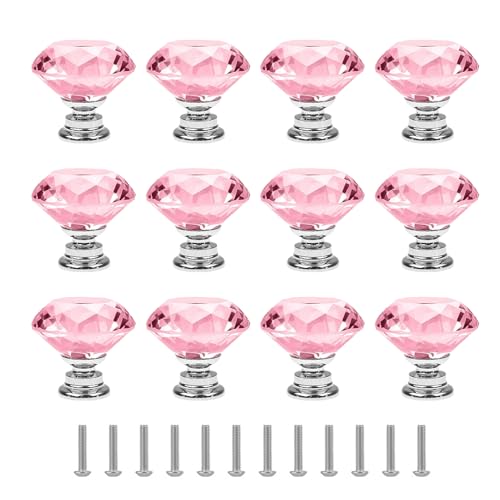 ARKLOID 12 Pack 30MM Pink Crystal Drawer Knobs Diamond Shaped Cabinet Knobs Dresser Pull Handles for Drawers Wardrobes Nightstands