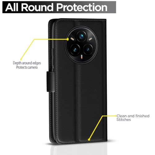 Image of Pikkme Flip Cover for Realme 14 Pro Plus 5G Leather Finish | Inside TPU with Card Pockets | Wallet Stand and Shock Proof | Complete Protection Button Flip Case(Black)
