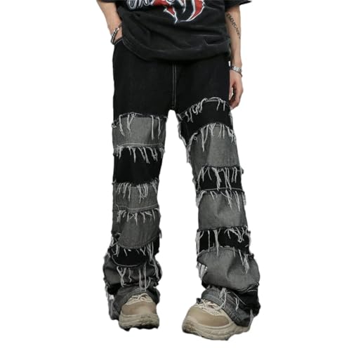 Men Y2K Baggy Stacked Jeans Pants Clothing Patchwork Straight Loose Long Trousers