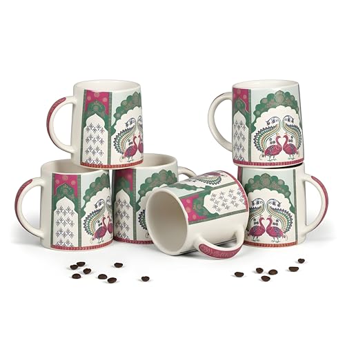Image of miah decor Neelmayur Royale Collection Handcrafted Ceramic Coffee Cups Set of 6 | Mughal Peacock Design Tea & Coffee Mugs | Green & Maroon on Cream Base | Microwave & Dishwasher Safe