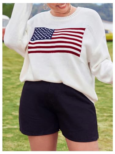 GORGLITTER Women's Plus Size American Flag Sweater Long Sleeve Round Neck Ribbed Knit Pullover Top3