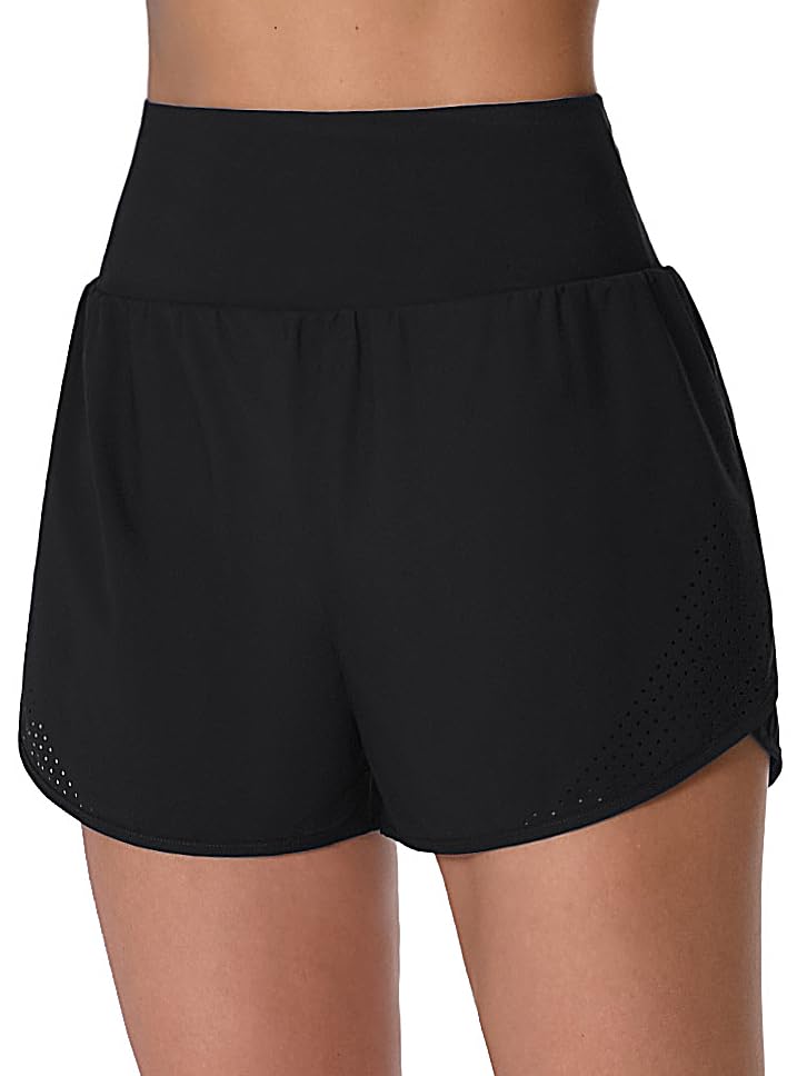 Image of ATTRACO Women's 3 inch High Waisted Swim Board Shorts Pleated Summer Beach Shorts with Pockets