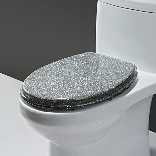 Glittering Comfort Slow Close Toilet Seat - Oval Elongated Resin with Cover, Universal Gold & Silver Foil Bathroom Accessory - Stylish, Durable & Easy to Clean