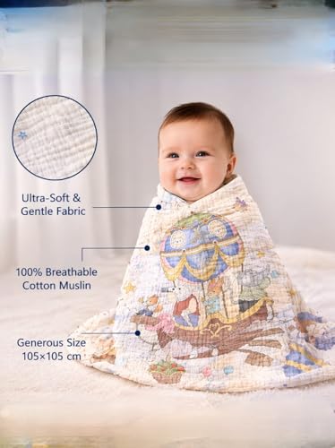 Image of Kassy Pop Printed 6 Layer Bamboo Muslin Blanket Cum Swaddling Towel for Baby | AC Quilt, Multi-Purpose Blanket | 70% Bamboo, 30% Cotton | 110cm x 110cm (Multicolor Print)